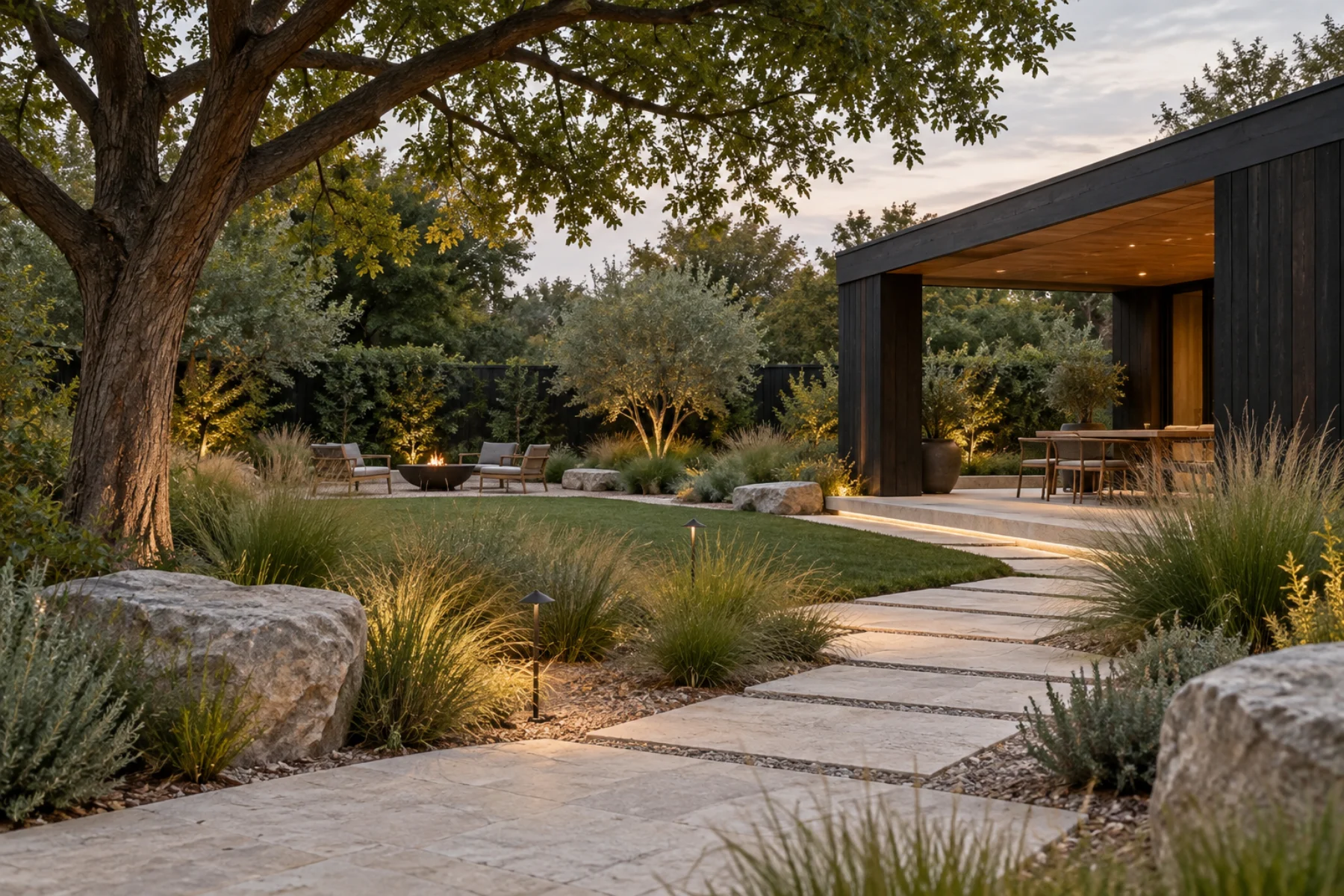Limestone paths and soft planting surrounding a timber garden pavilion under a mature oak