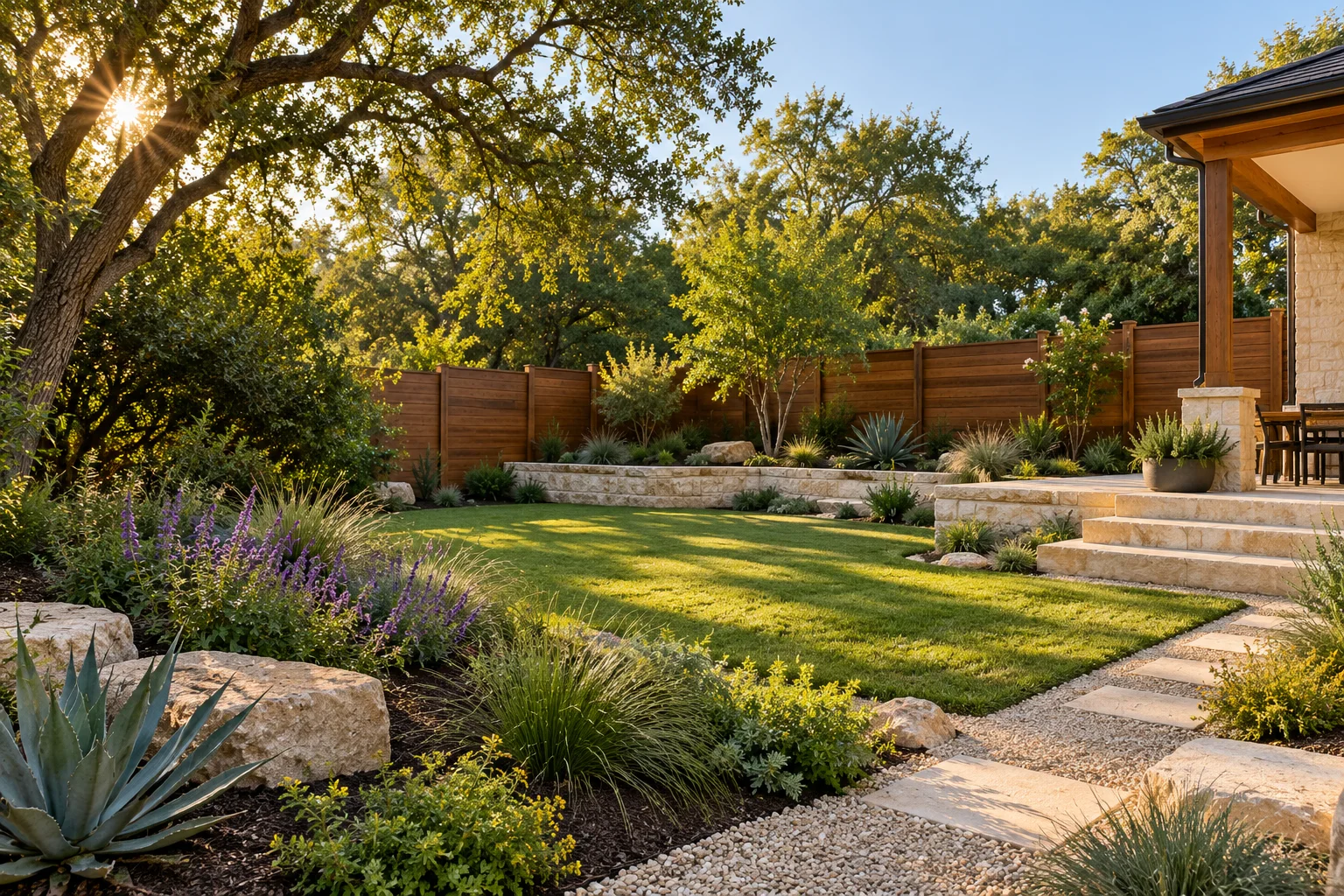 A welcoming Texas backyard with limestone beds and a place to gather