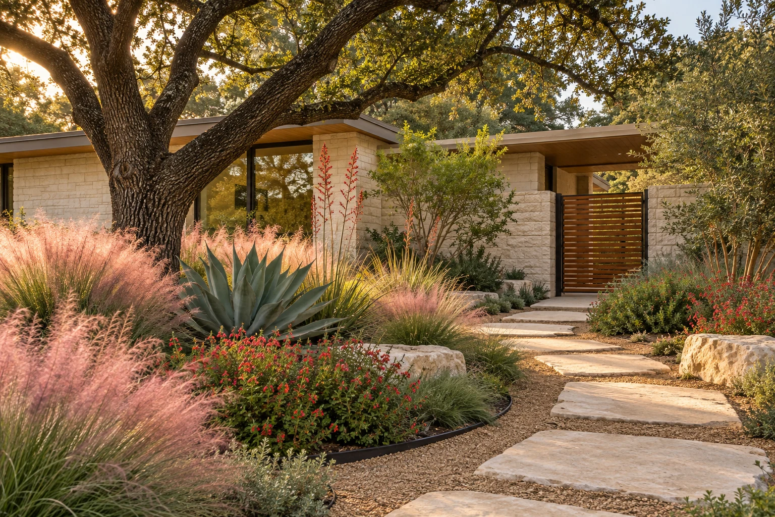 Water-wise front garden with limestone stepping stones and Texas planting